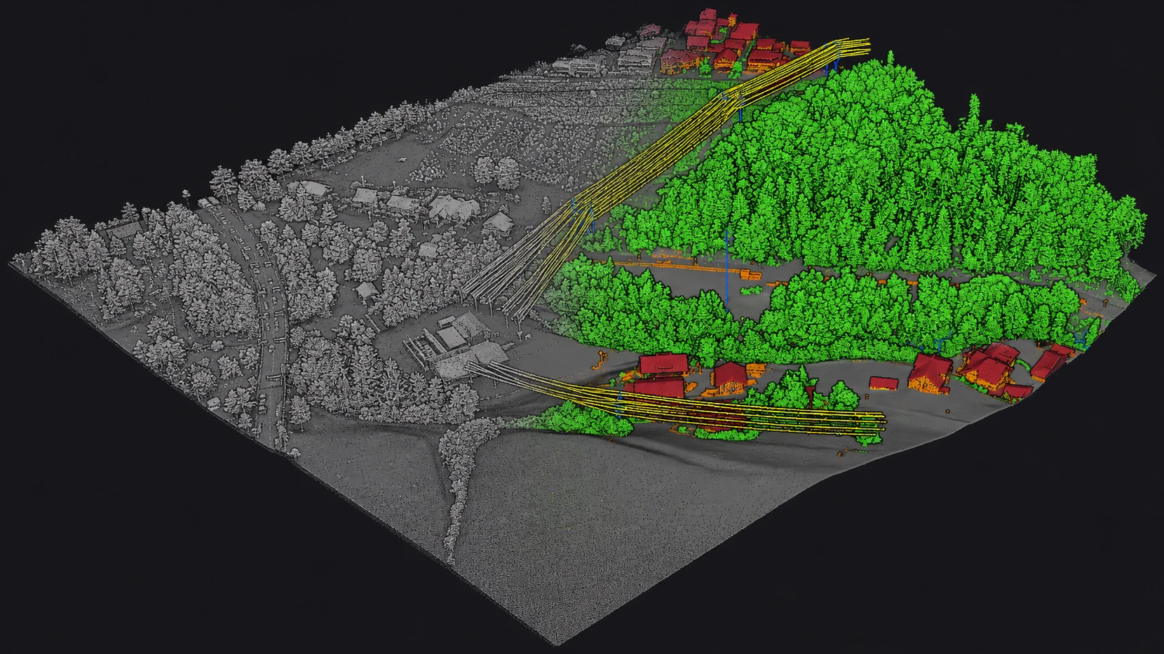 LiDAR point cloud in perspective, transitioning from raw unclassified terrain to AI-classified vegetation, buildings, ground, and utilities.