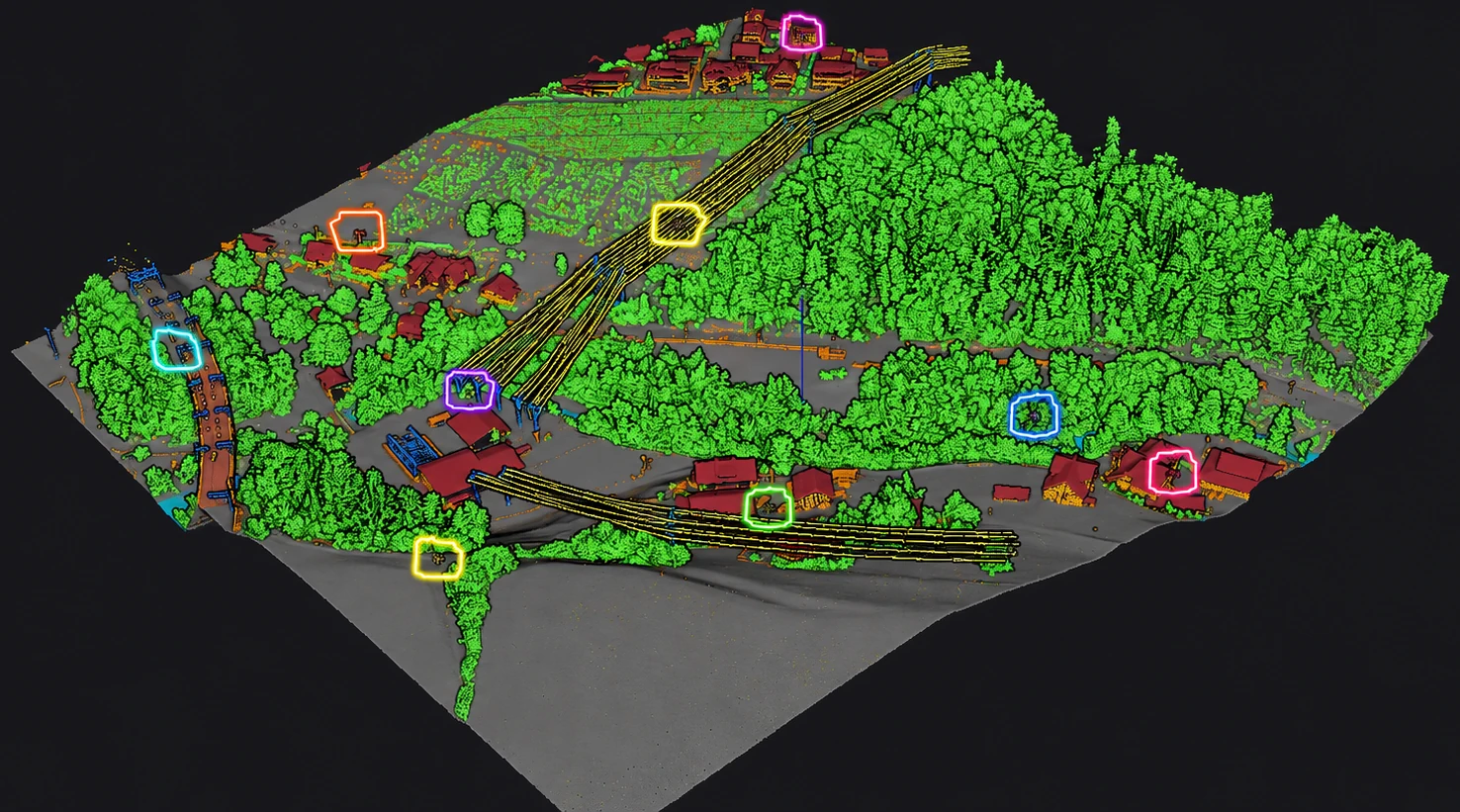 Classified LiDAR point cloud in perspective view with reviewable outputs for quality control.