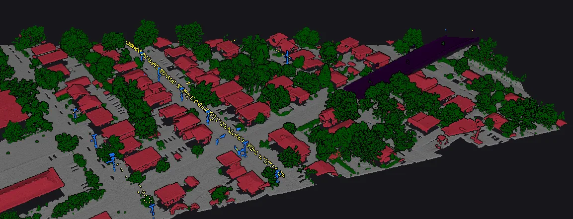LiDAR classification result with vegetation, buildings, utility features, and bridge structure