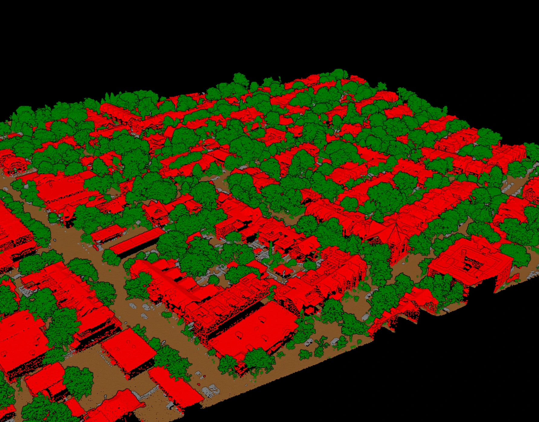 VClassify output: buildings, vegetation, and ground as separate classes.